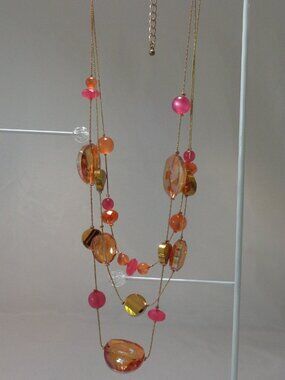 Vintage 3 Strand Crystal & Resin Bead Necklace Pinks/Peach 17"
